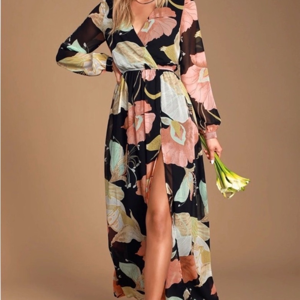 Lulu's Black Floral Long Sleeve Maxi Dress